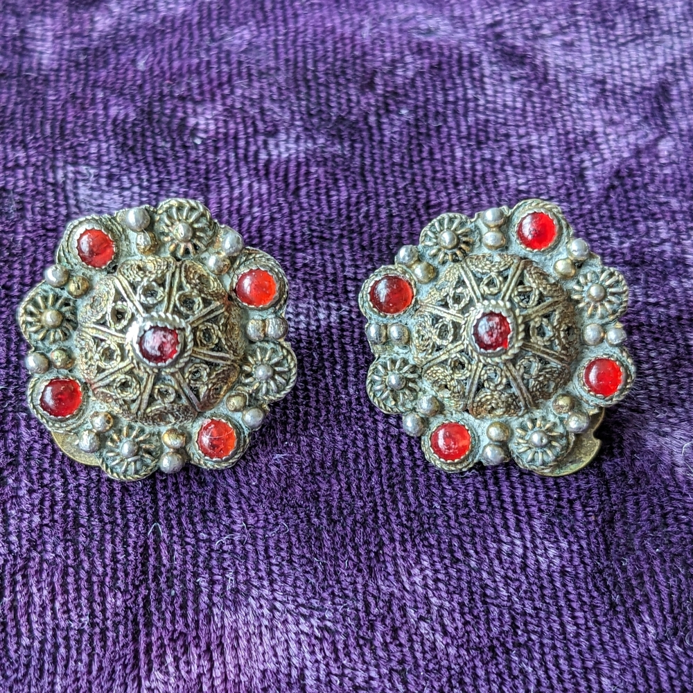 Antique 900 Silver Filigree Earrings With Red Ruby Gemstones